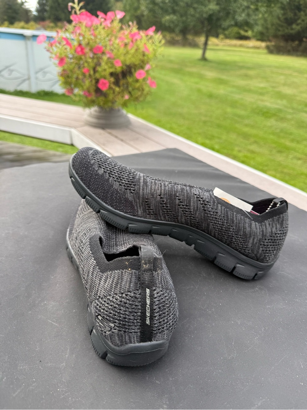 Skechers Women's Slip-On Knit Sneakers in Charcoal Gray and Black